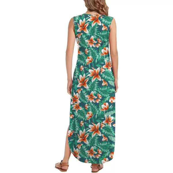 Arolina Maxi Dress for Women Tropical Summer V Neck Sleeveless Split Long Beach Dresses Casual Loose Sundress with PocketsOrangeflowers01