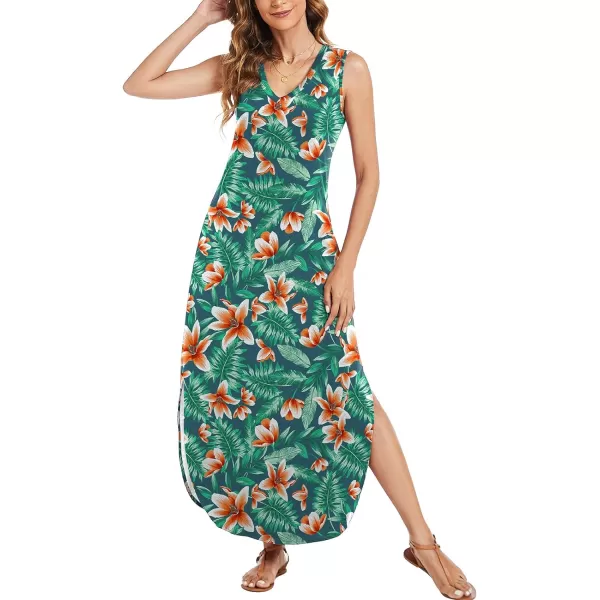 Arolina Maxi Dress for Women Tropical Summer V Neck Sleeveless Split Long Beach Dresses Casual Loose Sundress with PocketsOrangeflowers01