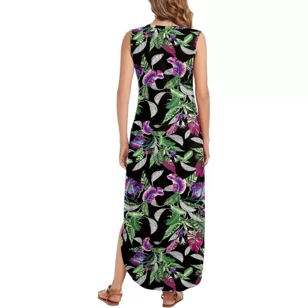 Arolina Maxi Dress for Women Tropical Summer V Neck Sleeveless Split Long Beach Dresses Casual Loose Sundress with PocketsPurplegreenleaves