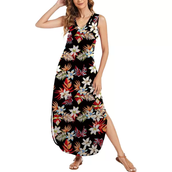Arolina Maxi Dress for Women Tropical Summer V Neck Sleeveless Split Long Beach Dresses Casual Loose Sundress with PocketsWhitefloral