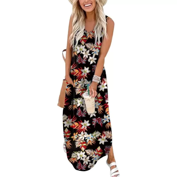 Arolina Maxi Dress for Women Tropical Summer V Neck Sleeveless Split Long Beach Dresses Casual Loose Sundress with PocketsWhitefloral