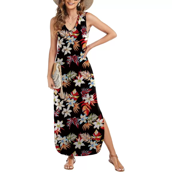 Arolina Maxi Dress for Women Tropical Summer V Neck Sleeveless Split Long Beach Dresses Casual Loose Sundress with PocketsWhitefloral