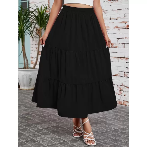 Arolina Maxi Skirt for Women Summer Boho Elastic High Waist Pleated ALine Flowy Ruffle Swing Tiered Long Beach Skirt DressBlack