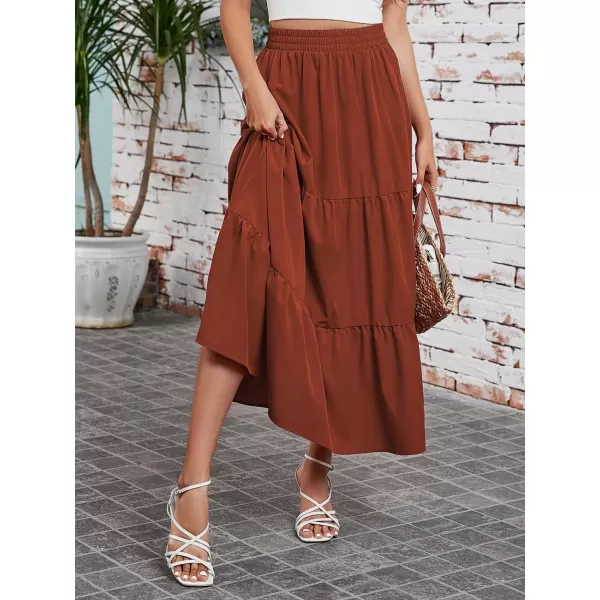 Arolina Maxi Skirt for Women Summer Boho Elastic High Waist Pleated ALine Flowy Ruffle Swing Tiered Long Beach Skirt DressCaramel