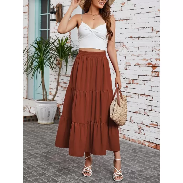 Arolina Maxi Skirt for Women Summer Boho Elastic High Waist Pleated ALine Flowy Ruffle Swing Tiered Long Beach Skirt DressCaramel