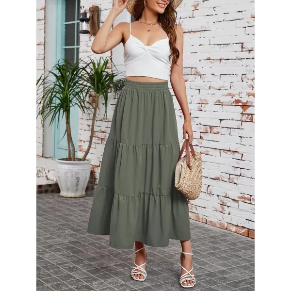 Arolina Maxi Skirt for Women Summer Boho Elastic High Waist Pleated ALine Flowy Ruffle Swing Tiered Long Beach Skirt DressGreen