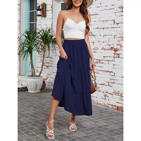 Arolina Maxi Skirt for Women Summer Boho Elastic High Waist Pleated ALine Flowy Ruffle Swing Tiered Long Beach Skirt DressNavyblue