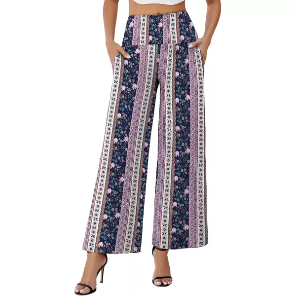 Arolina Womens Stretchy Wide Leg Palazzo Lounge Pants with Pockets Casual Comfy High Waist Palazzo Pants for Women DressyPink Blue Florets