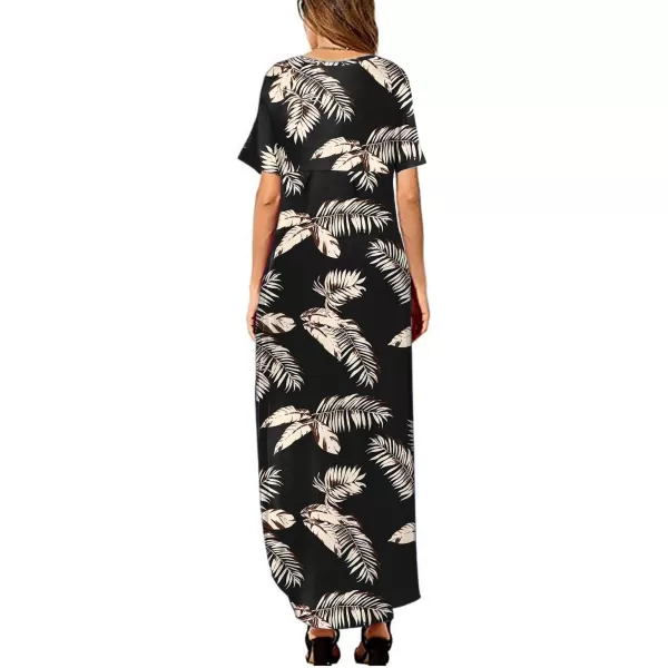 Arolina Womens Summer Maxi Dress Short Sleeve V Neck Casual Loose Long Beach Split Dresses with PocketsBeige Brown Leaves