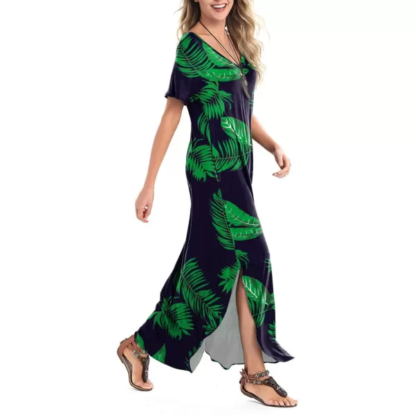 Arolina Womens Summer Maxi Dress Short Sleeve V Neck Casual Loose Long Beach Split Dresses with PocketsGreen Leave Blue