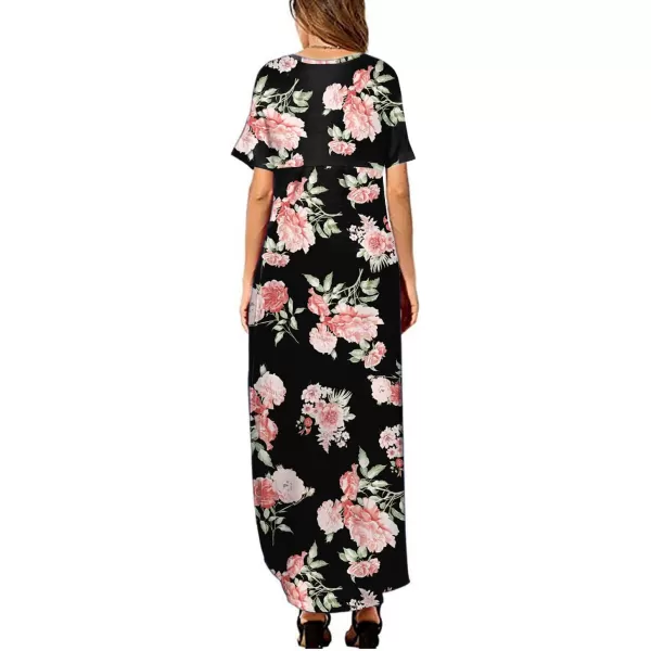 Arolina Womens Summer Maxi Dress Short Sleeve V Neck Casual Loose Long Beach Split Dresses with PocketsLight Pink Flower