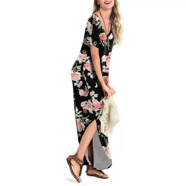 Arolina Womens Summer Maxi Dress Short Sleeve V Neck Casual Loose Long Beach Split Dresses with PocketsLight Pink Flower