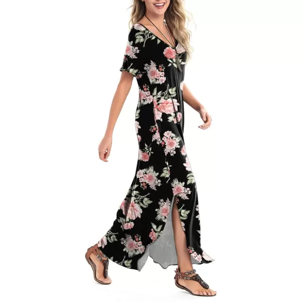 Arolina Womens Summer Maxi Dress Short Sleeve V Neck Casual Loose Long Beach Split Dresses with PocketsLight Pink Flower