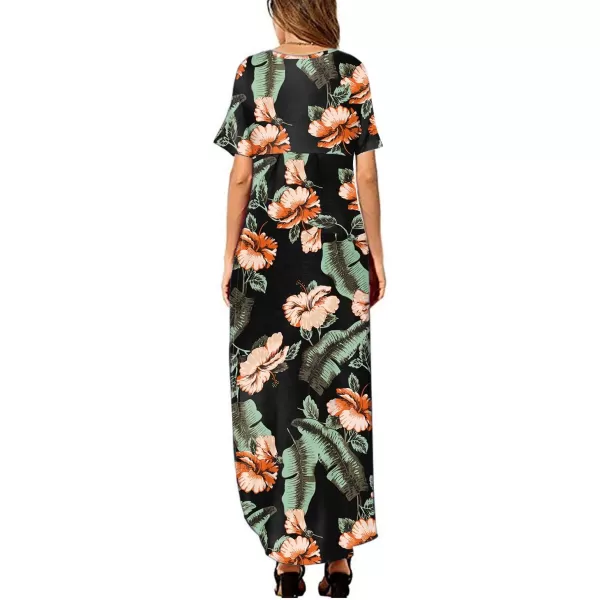 Arolina Womens Summer Maxi Dress Short Sleeve V Neck Casual Loose Long Beach Split Dresses with PocketsOrange Flower Black