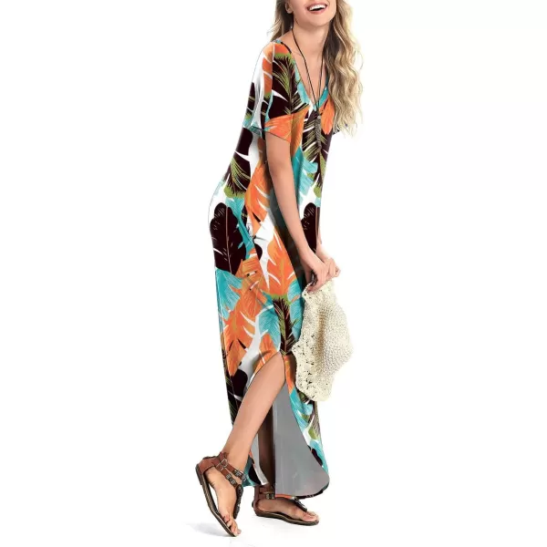 Arolina Womens Summer Maxi Dress Short Sleeve V Neck Casual Loose Long Beach Split Dresses with PocketsOrange Green Leave