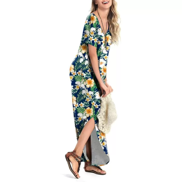 Arolina Womens Summer Maxi Dress Short Sleeve V Neck Casual Loose Long Beach Split Dresses with PocketsOrange White Flower