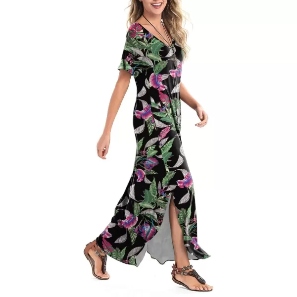 Arolina Womens Summer Maxi Dress Short Sleeve V Neck Casual Loose Long Beach Split Dresses with PocketsPurple Flower Green