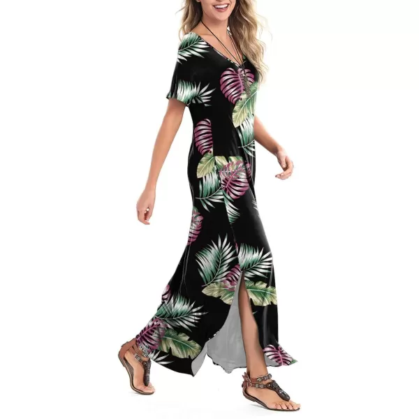 Arolina Womens Summer Maxi Dress Short Sleeve V Neck Casual Loose Long Beach Split Dresses with PocketsPurple Green Leave