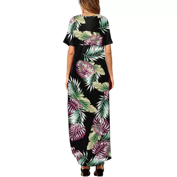 Arolina Womens Summer Maxi Dress Short Sleeve V Neck Casual Loose Long Beach Split Dresses with PocketsPurple Green Leave