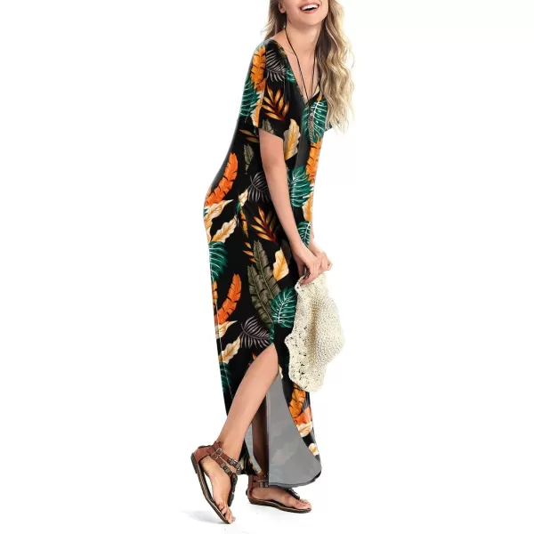 Arolina Womens Summer Maxi Dress Short Sleeve V Neck Casual Loose Long Beach Split Dresses with PocketsTropical Leave