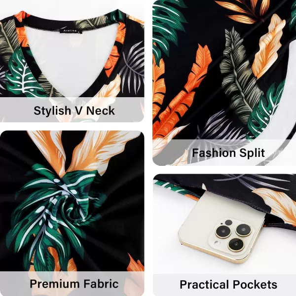 Arolina Womens Summer Maxi Dress Short Sleeve V Neck Casual Loose Long Beach Split Dresses with PocketsTropical Leave