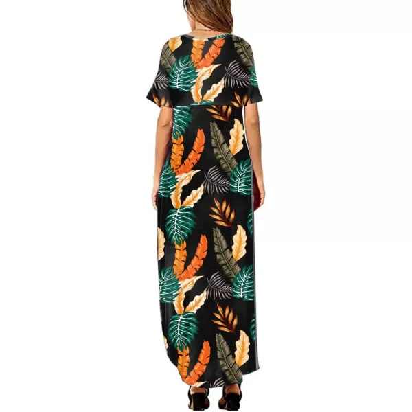 Arolina Womens Summer Maxi Dress Short Sleeve V Neck Casual Loose Long Beach Split Dresses with PocketsTropical Leave