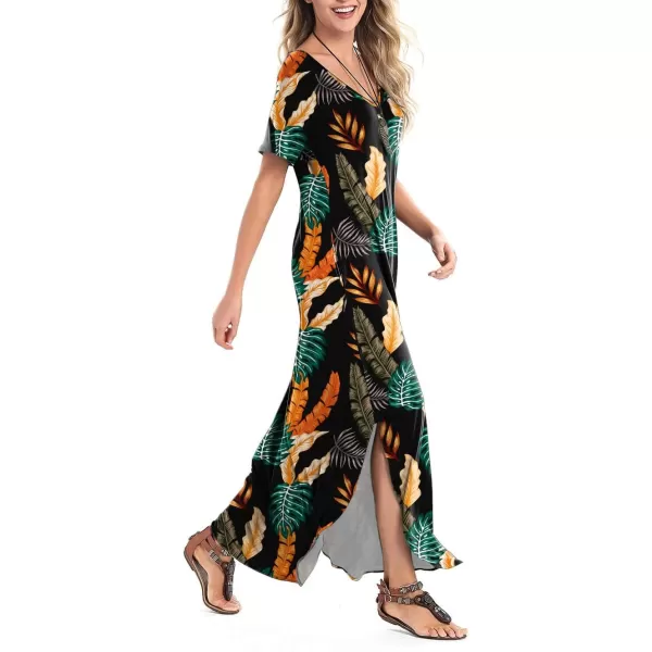 Arolina Womens Summer Maxi Dress Short Sleeve V Neck Casual Loose Long Beach Split Dresses with PocketsTropical Leave