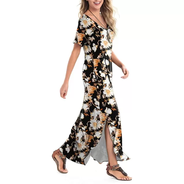 Arolina Womens Summer Maxi Dress Short Sleeve V Neck Casual Loose Long Beach Split Dresses with PocketsWhite Daisy