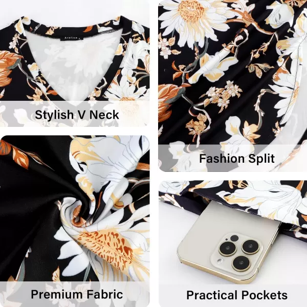 Arolina Womens Summer Maxi Dress Short Sleeve V Neck Casual Loose Long Beach Split Dresses with PocketsWhite Daisy