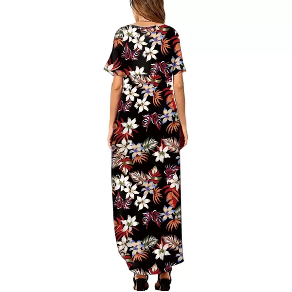 Arolina Womens Summer Maxi Dress Short Sleeve V Neck Casual Loose Long Beach Split Dresses with PocketsWhite Flower Black