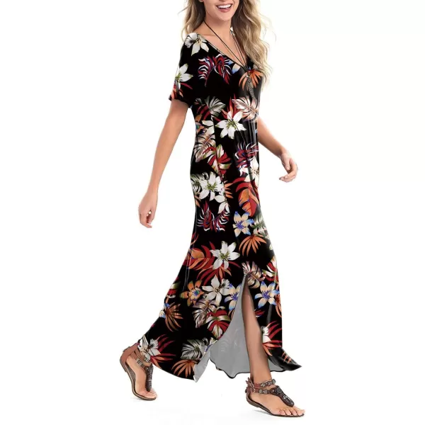 Arolina Womens Summer Maxi Dress Short Sleeve V Neck Casual Loose Long Beach Split Dresses with PocketsWhite Flower Black