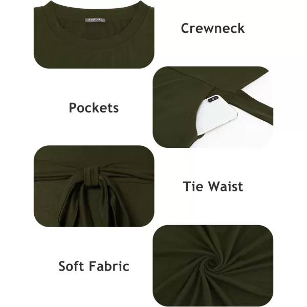 Arolina Womens Summer Short Sleeve Striped T Shirt Dress Casual Midi Dresses Crewneck Tie Waist with PocketsArmy Green
