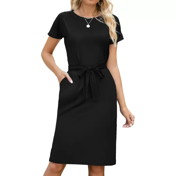 Arolina Womens Summer Short Sleeve Striped T Shirt Dress Casual Midi Dresses Crewneck Tie Waist with PocketsBlack
