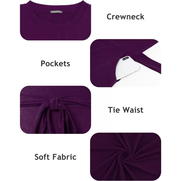 Arolina Womens Summer Short Sleeve Striped T Shirt Dress Casual Midi Dresses Crewneck Tie Waist with PocketsPurple