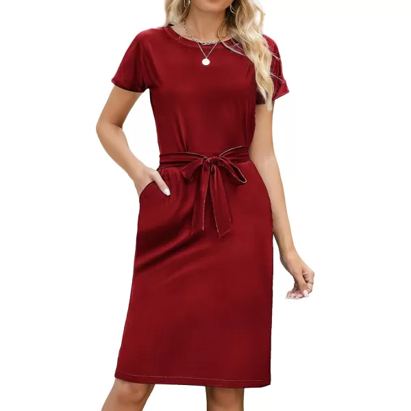 Arolina Womens Summer Short Sleeve Striped T Shirt Dress Casual Midi Dresses Crewneck Tie Waist with PocketsRed