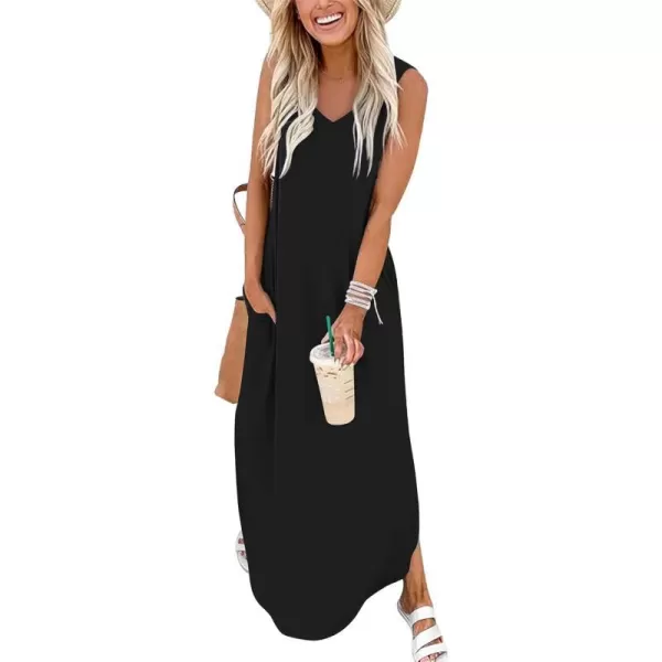 Arolina Maxi Dress for Women Tropical Summer V Neck Sleeveless Split Long Beach Dresses Casual Loose Sundress with PocketsA Black