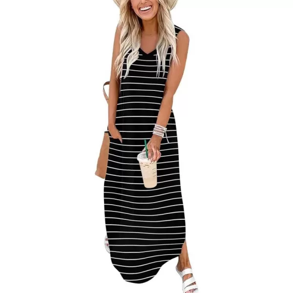 Arolina Maxi Dress for Women Tropical Summer V Neck Sleeveless Split Long Beach Dresses Casual Loose Sundress with PocketsB Blackstriped