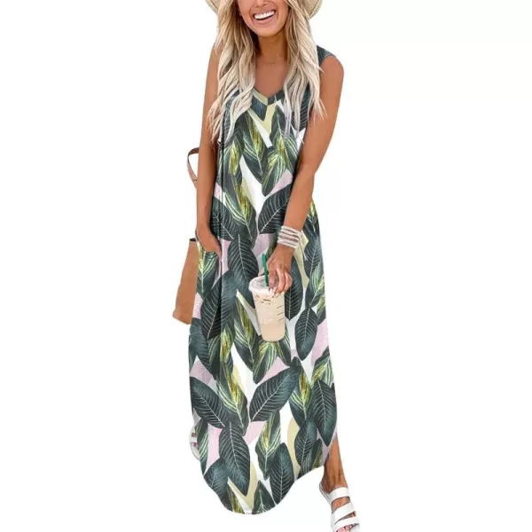 Arolina Maxi Dress for Women Tropical Summer V Neck Sleeveless Split Long Beach Dresses Casual Loose Sundress with PocketsLeafprint