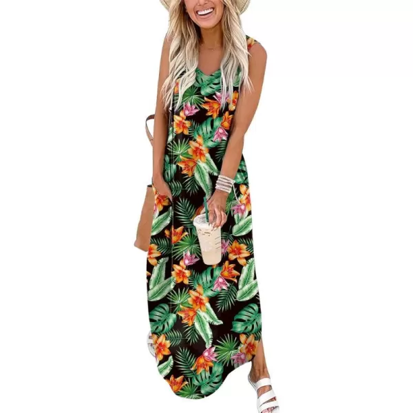 Arolina Maxi Dress for Women Tropical Summer V Neck Sleeveless Split Long Beach Dresses Casual Loose Sundress with PocketsOrangeblossom02