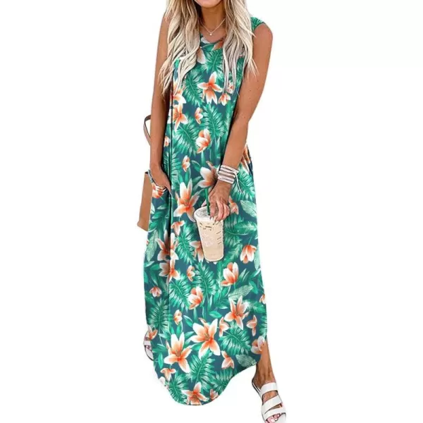 Arolina Maxi Dress for Women Tropical Summer V Neck Sleeveless Split Long Beach Dresses Casual Loose Sundress with PocketsOrangeflowers01