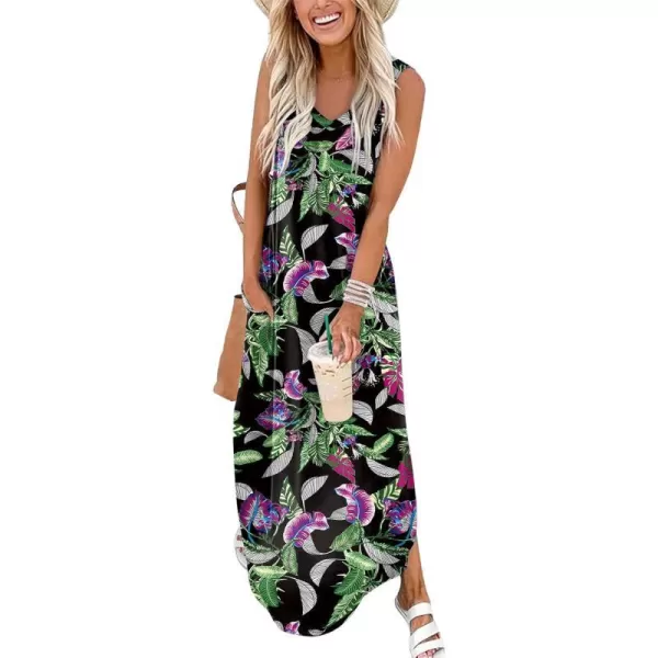 Arolina Maxi Dress for Women Tropical Summer V Neck Sleeveless Split Long Beach Dresses Casual Loose Sundress with PocketsPurplegreenleaves