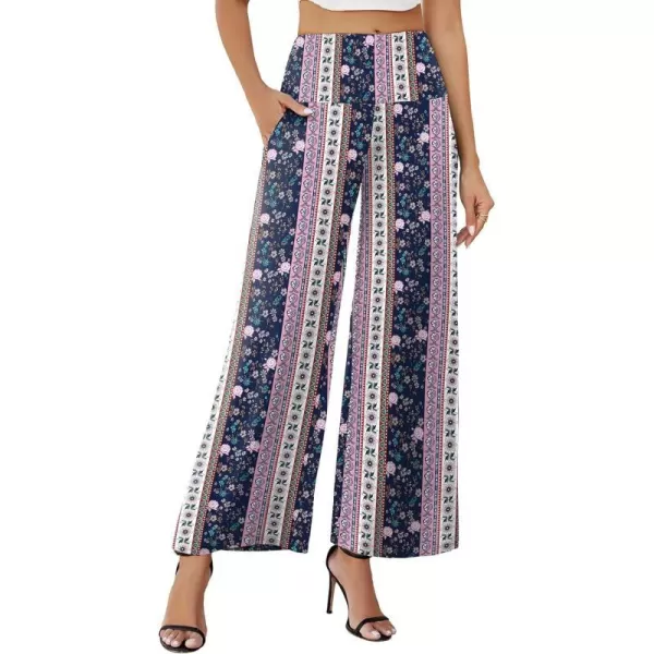 Arolina Womens Stretchy Wide Leg Palazzo Lounge Pants with Pockets Casual Comfy High Waist Palazzo Pants for Women DressyPink Blue Florets