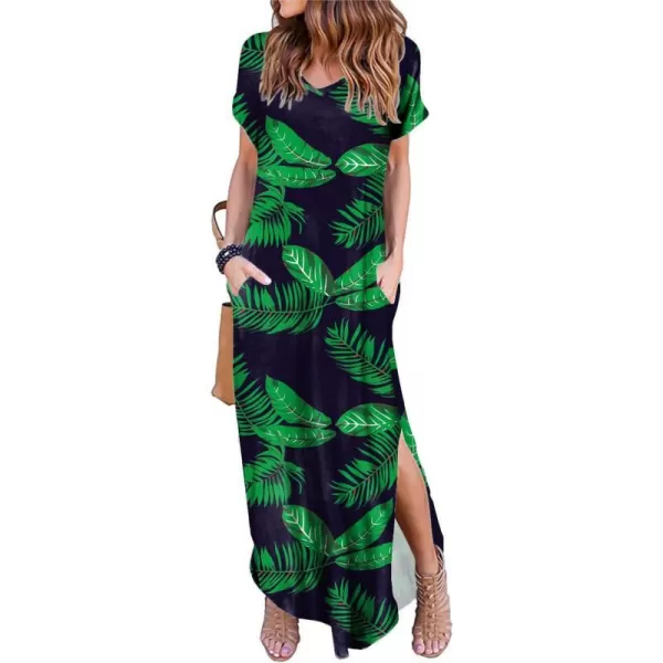 Arolina Womens Summer Maxi Dress Short Sleeve V Neck Casual Loose Long Beach Split Dresses with PocketsGreen Leave Blue