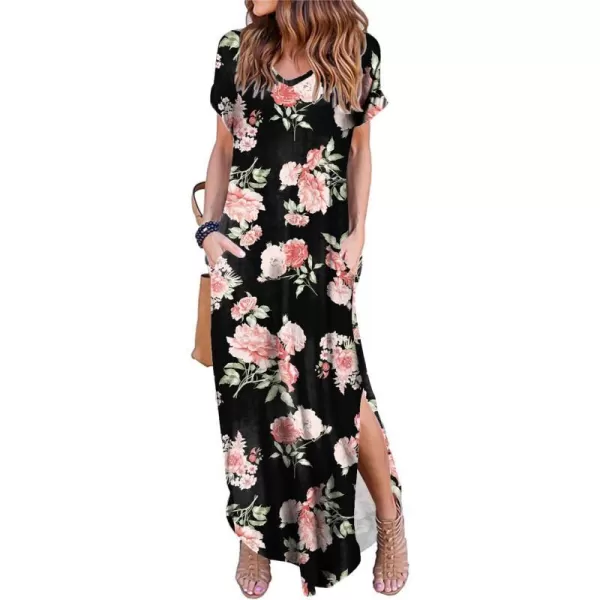 Arolina Womens Summer Maxi Dress Short Sleeve V Neck Casual Loose Long Beach Split Dresses with PocketsLight Pink Flower