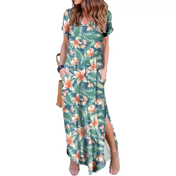 Arolina Womens Summer Maxi Dress Short Sleeve V Neck Casual Loose Long Beach Split Dresses with PocketsLily Green Leave
