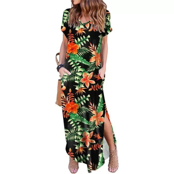 Arolina Womens Summer Maxi Dress Short Sleeve V Neck Casual Loose Long Beach Split Dresses with PocketsOrange Flower