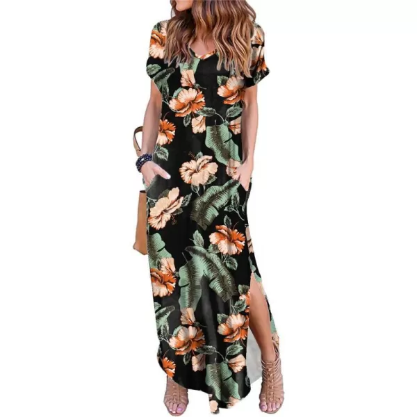 Arolina Womens Summer Maxi Dress Short Sleeve V Neck Casual Loose Long Beach Split Dresses with PocketsOrange Flower Black