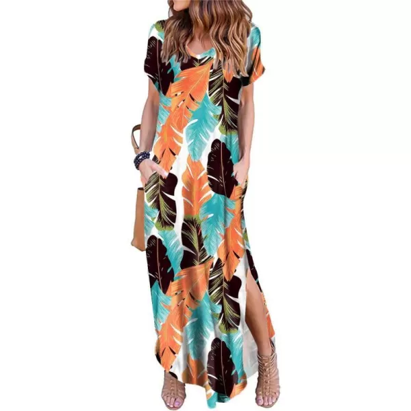 Arolina Womens Summer Maxi Dress Short Sleeve V Neck Casual Loose Long Beach Split Dresses with PocketsOrange Green Leave