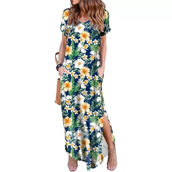 Arolina Womens Summer Maxi Dress Short Sleeve V Neck Casual Loose Long Beach Split Dresses with PocketsOrange White Flower