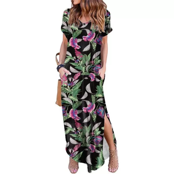 Arolina Womens Summer Maxi Dress Short Sleeve V Neck Casual Loose Long Beach Split Dresses with PocketsPurple Flower Green